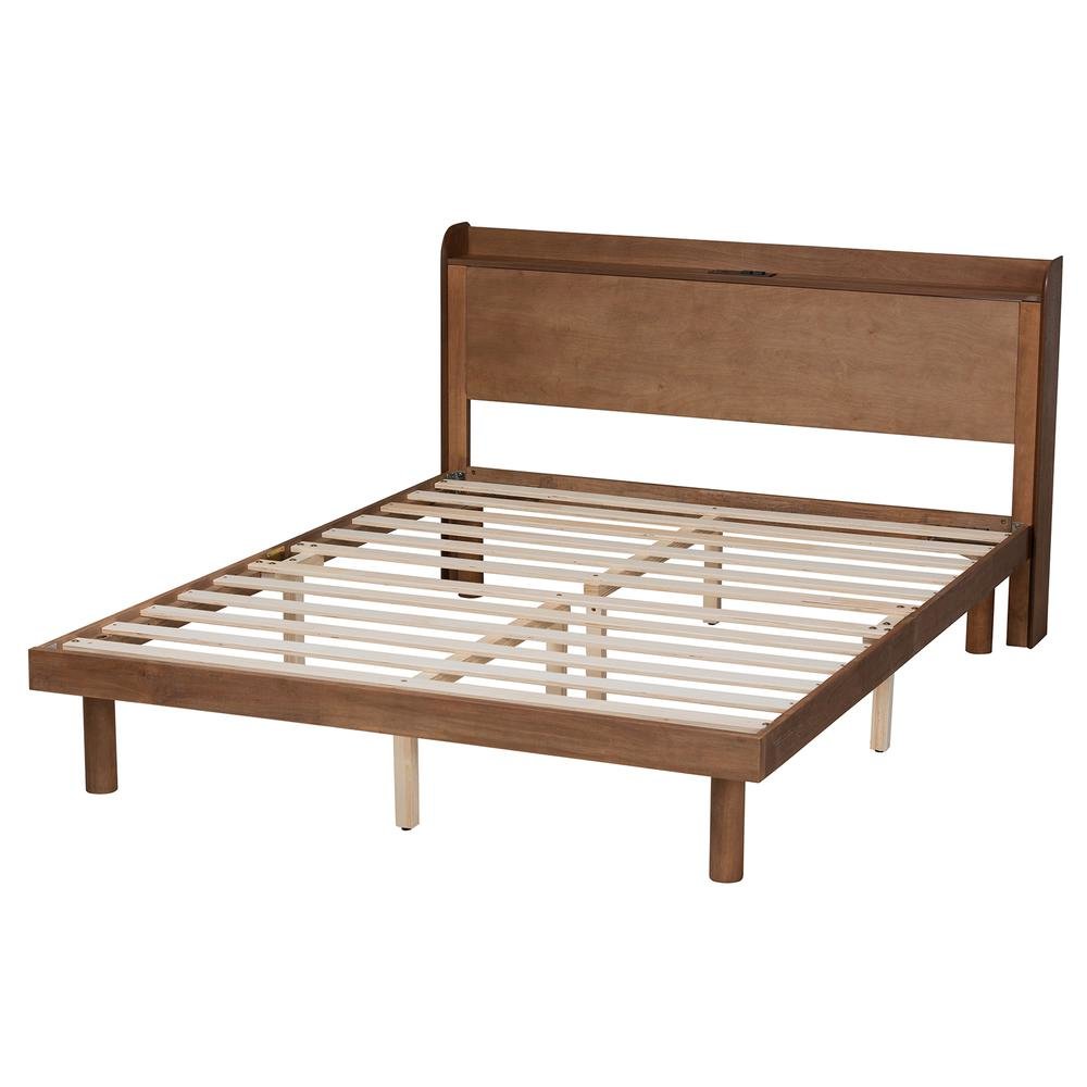 Walnut Brown Finished Wood Full Size Platform Bed with Charging Station