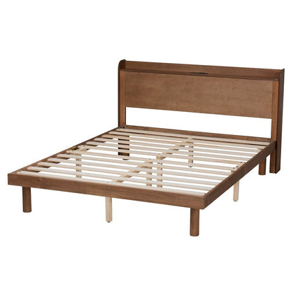 Walnut Brown Finished Wood Full Size Platform Bed with Charging Station