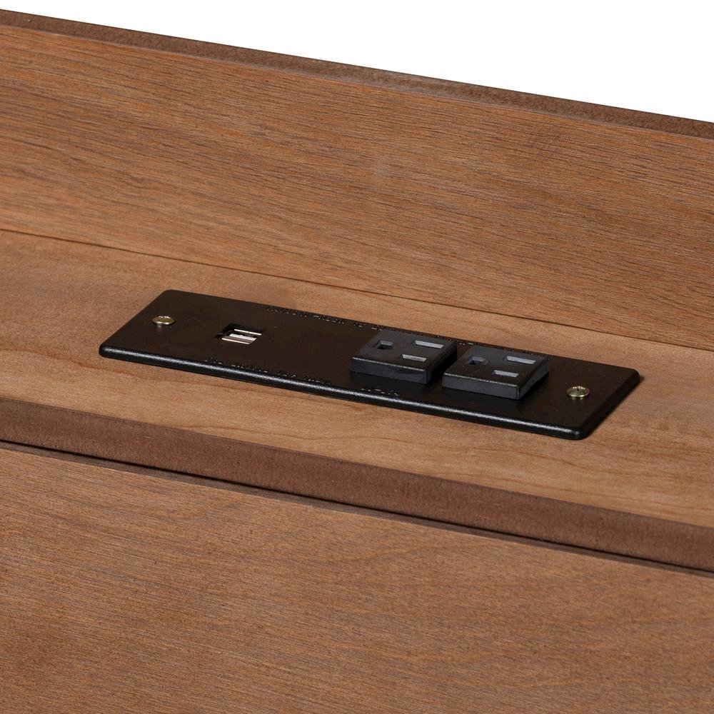 Walnut Brown Finished Wood Full Size Platform Bed with Charging Station