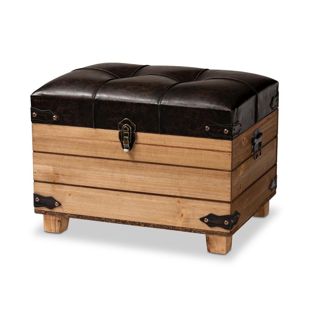Leather Upholstered and Oak Brown Finished Wood Storage Ottoman