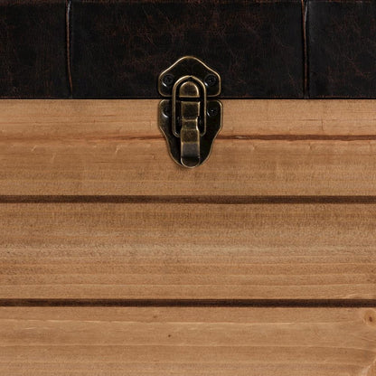 Leather Upholstered and Oak Brown Finished Wood Storage Ottoman