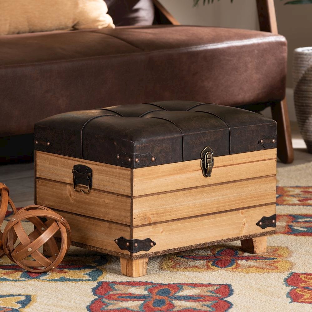 Leather Upholstered and Oak Brown Finished Wood Storage Ottoman