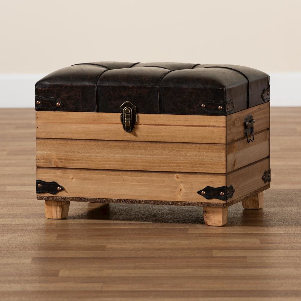 Leather Upholstered and Oak Brown Finished Wood Storage Ottoman