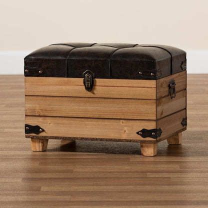 Leather Upholstered and Oak Brown Finished Wood Storage Ottoman