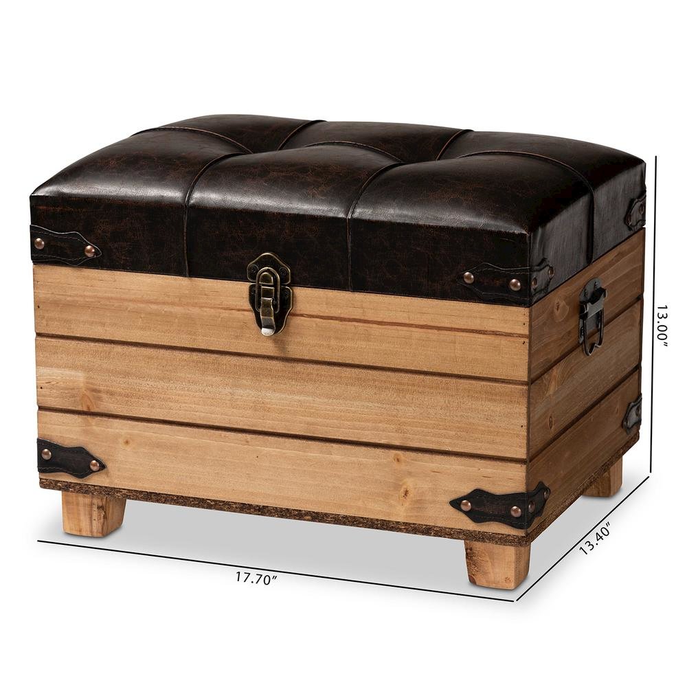 Leather Upholstered and Oak Brown Finished Wood Storage Ottoman