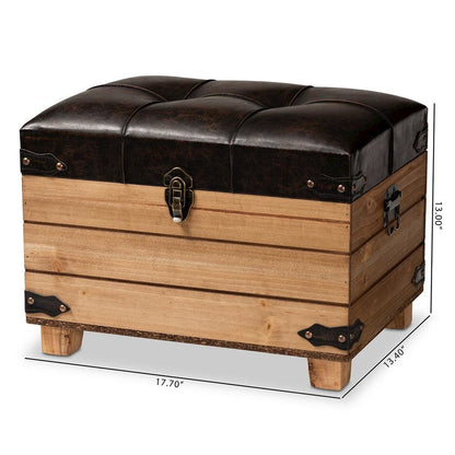 Leather Upholstered and Oak Brown Finished Wood Storage Ottoman