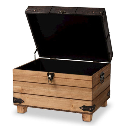 Leather Upholstered and Oak Brown Finished Wood Storage Ottoman