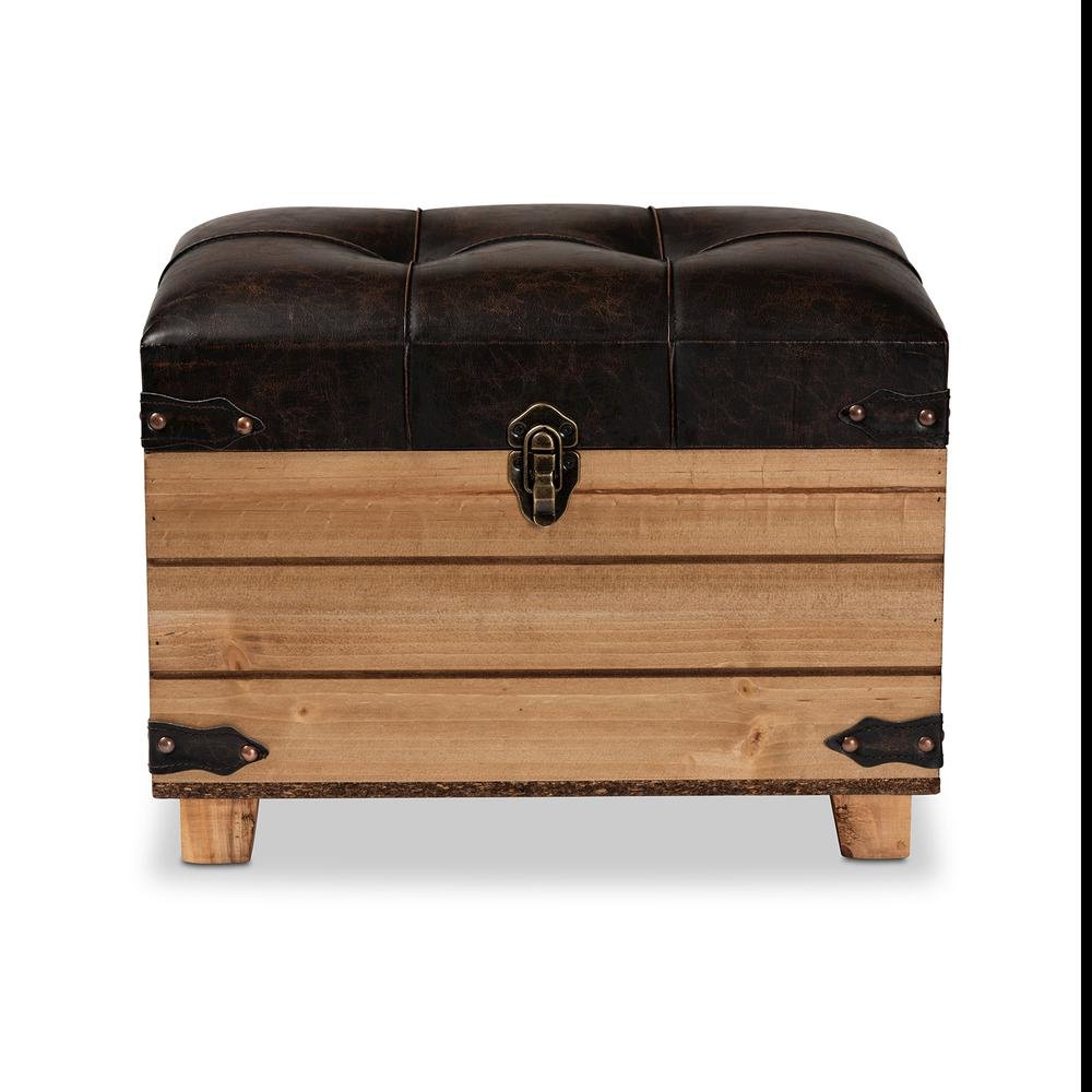 Leather Upholstered and Oak Brown Finished Wood Storage Ottoman