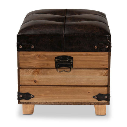 Leather Upholstered and Oak Brown Finished Wood Storage Ottoman