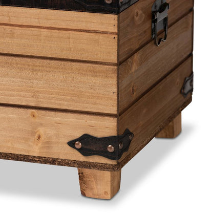 Leather Upholstered and Oak Brown Finished Wood Storage Ottoman