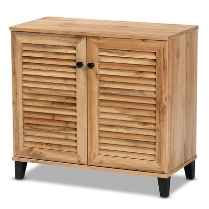 Oak Brown Finished Wood 2-Door Shoe Storage Cabinet