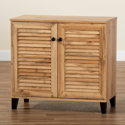Oak Brown Finished Wood 2-Door Shoe Storage Cabinet