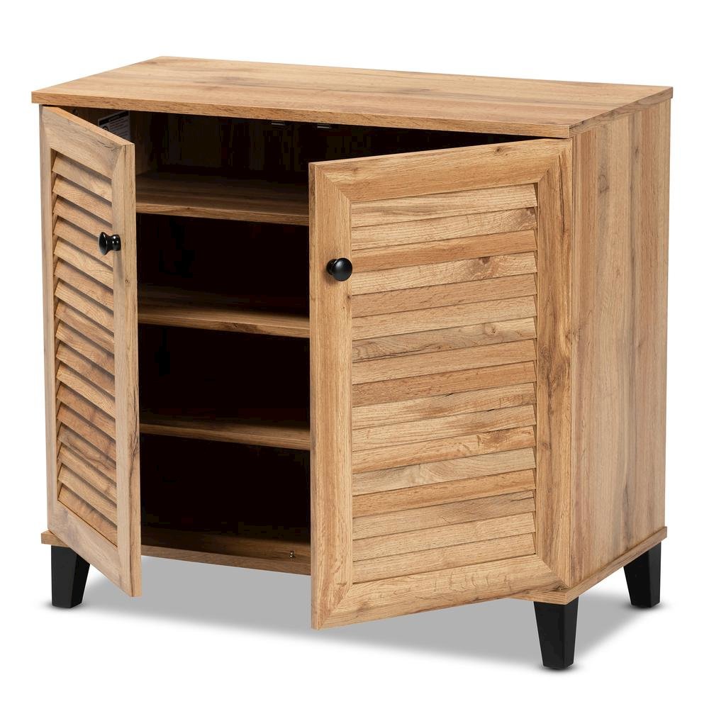 Oak Brown Finished Wood 2-Door Shoe Storage Cabinet