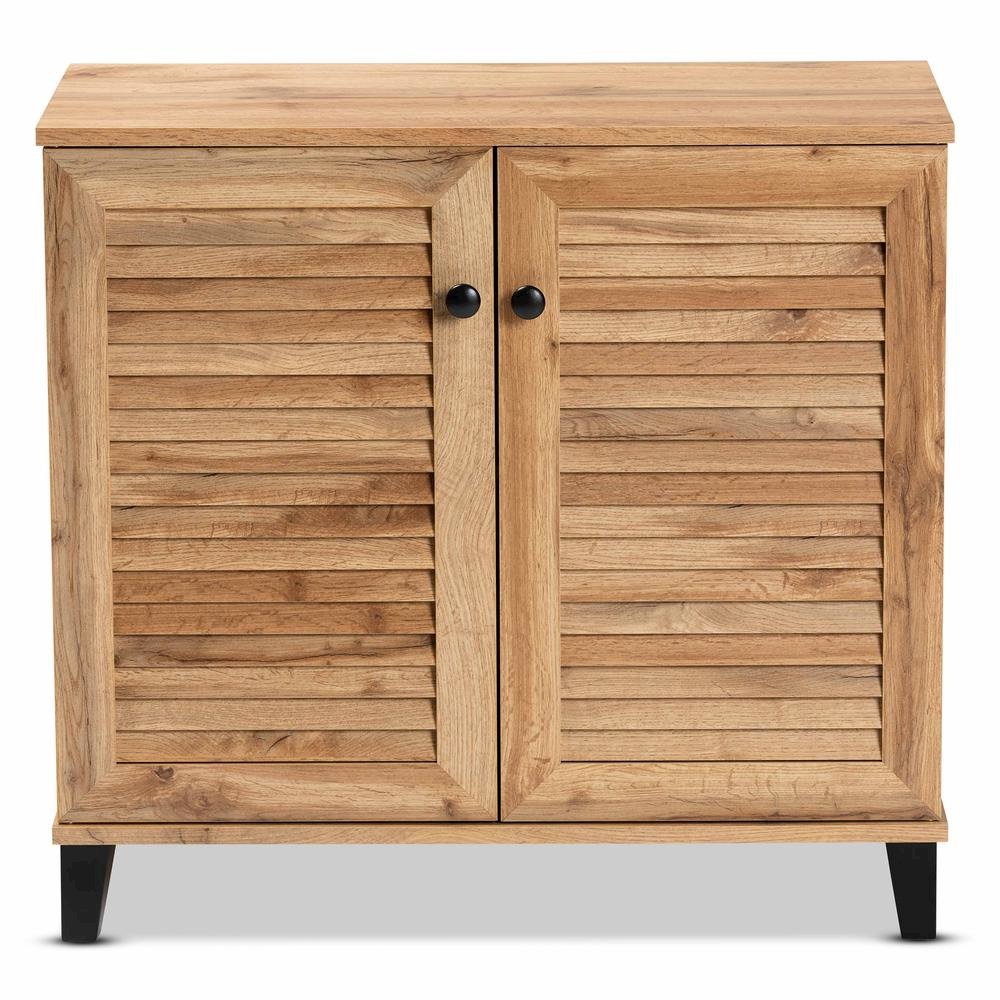 Oak Brown Finished Wood 2-Door Shoe Storage Cabinet