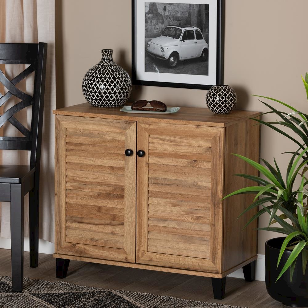 Oak Brown Finished Wood 2-Door Shoe Storage Cabinet