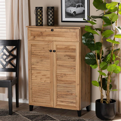Oak Brown Finished Wood 5-Shelf Shoe Storage Cabinet