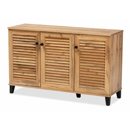 Oak Brown Finished Wood 3-Door Shoe Storage Cabinet