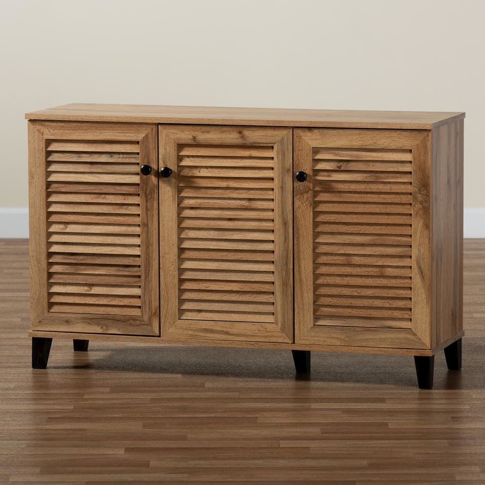 Oak Brown Finished Wood 3-Door Shoe Storage Cabinet