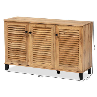 Oak Brown Finished Wood 3-Door Shoe Storage Cabinet