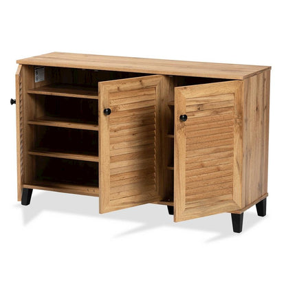 Oak Brown Finished Wood 3-Door Shoe Storage Cabinet