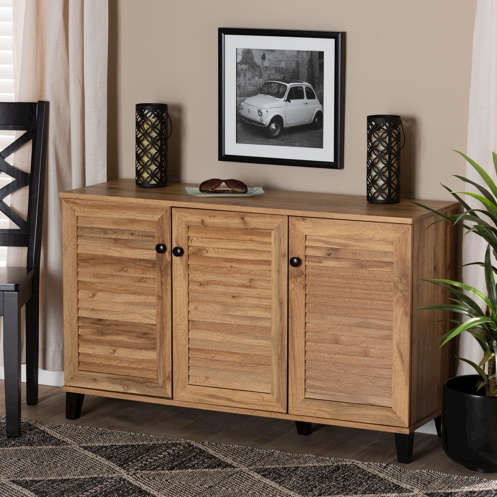 Oak Brown Finished Wood 3-Door Shoe Storage Cabinet