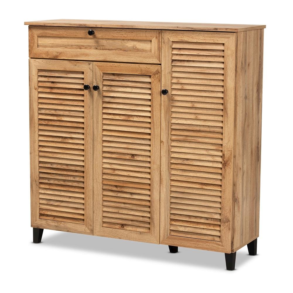 Oak Brown Finished Wood 3-Door Shoe Storage Cabinet with Drawer