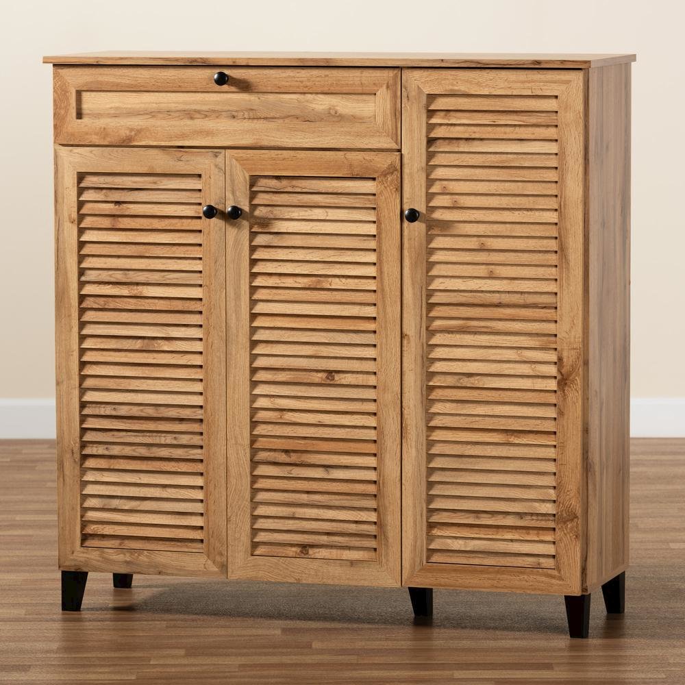 Oak Brown Finished Wood 3-Door Shoe Storage Cabinet with Drawer