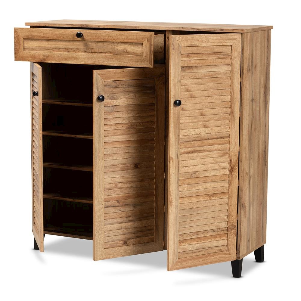 Oak Brown Finished Wood 3-Door Shoe Storage Cabinet with Drawer