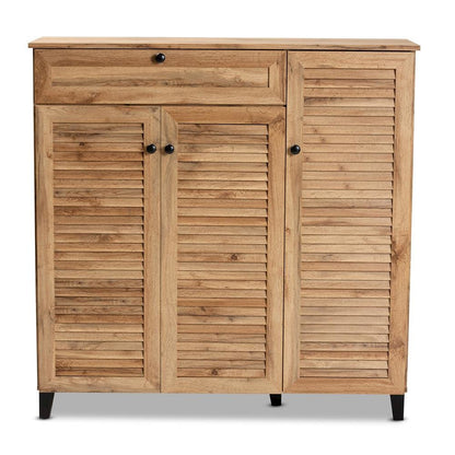 Oak Brown Finished Wood 3-Door Shoe Storage Cabinet with Drawer