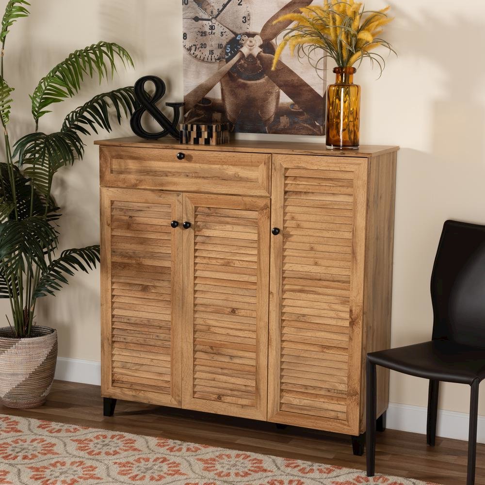 Oak Brown Finished Wood 3-Door Shoe Storage Cabinet with Drawer