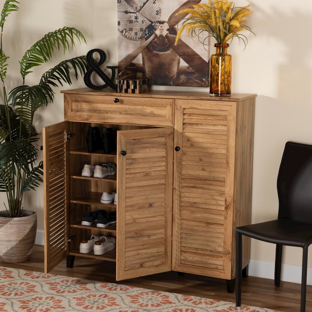 Oak Brown Finished Wood 3-Door Shoe Storage Cabinet with Drawer