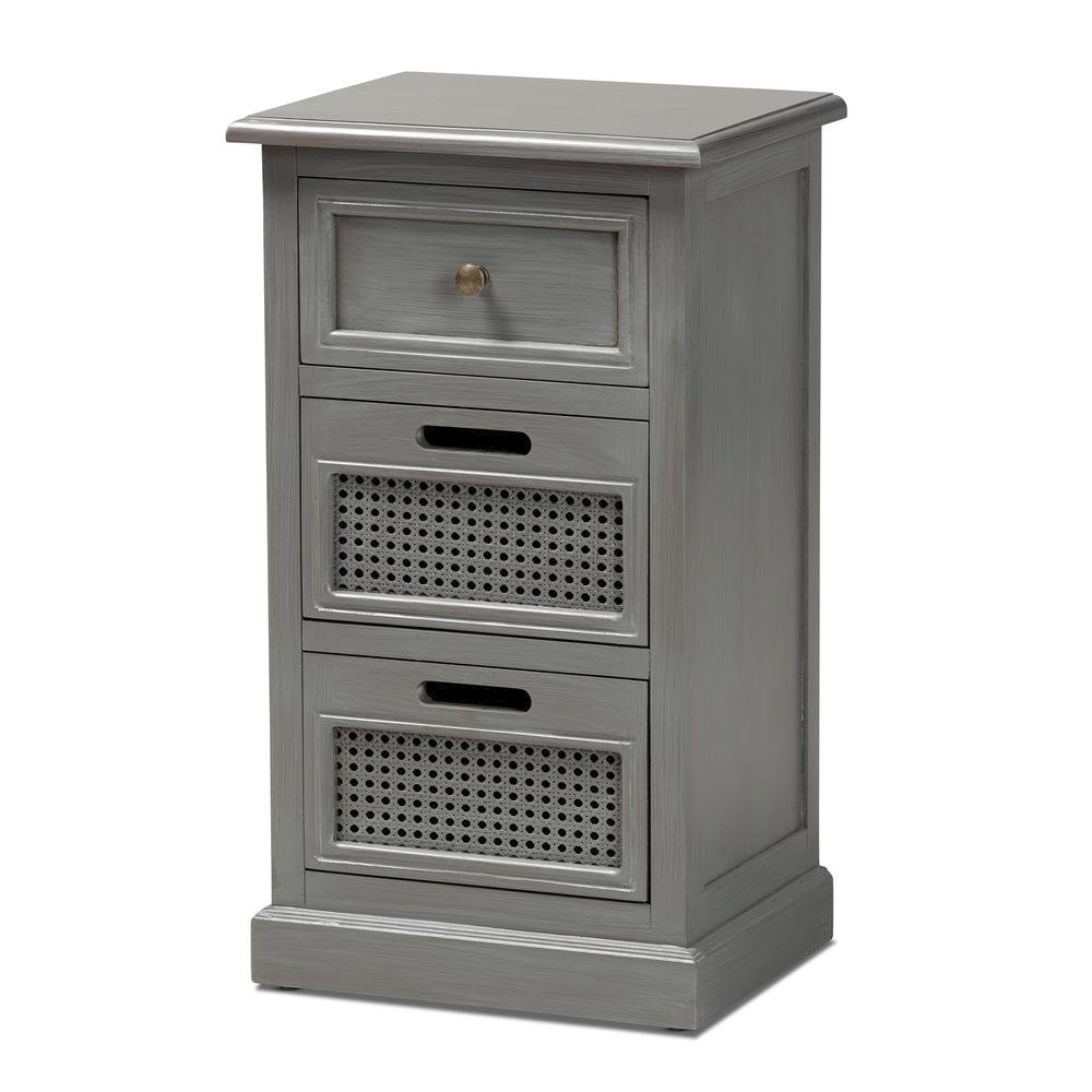 Vintage Grey Finished Wood and Synthetic Rattan 3-Drawer End Table