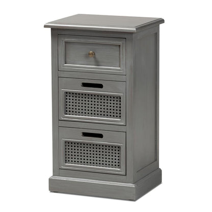 Vintage Grey Finished Wood and Synthetic Rattan 3-Drawer End Table
