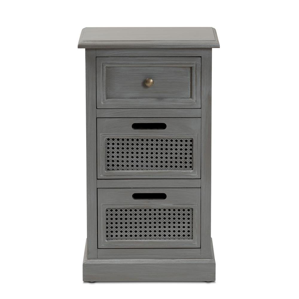 Vintage Grey Finished Wood and Synthetic Rattan 3-Drawer End Table