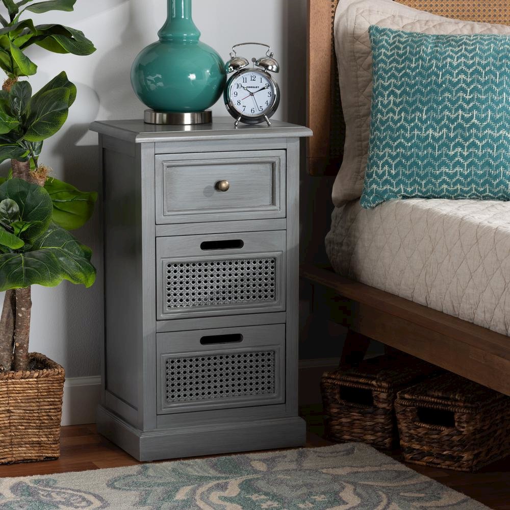 Vintage Grey Finished Wood and Synthetic Rattan 3-Drawer End Table