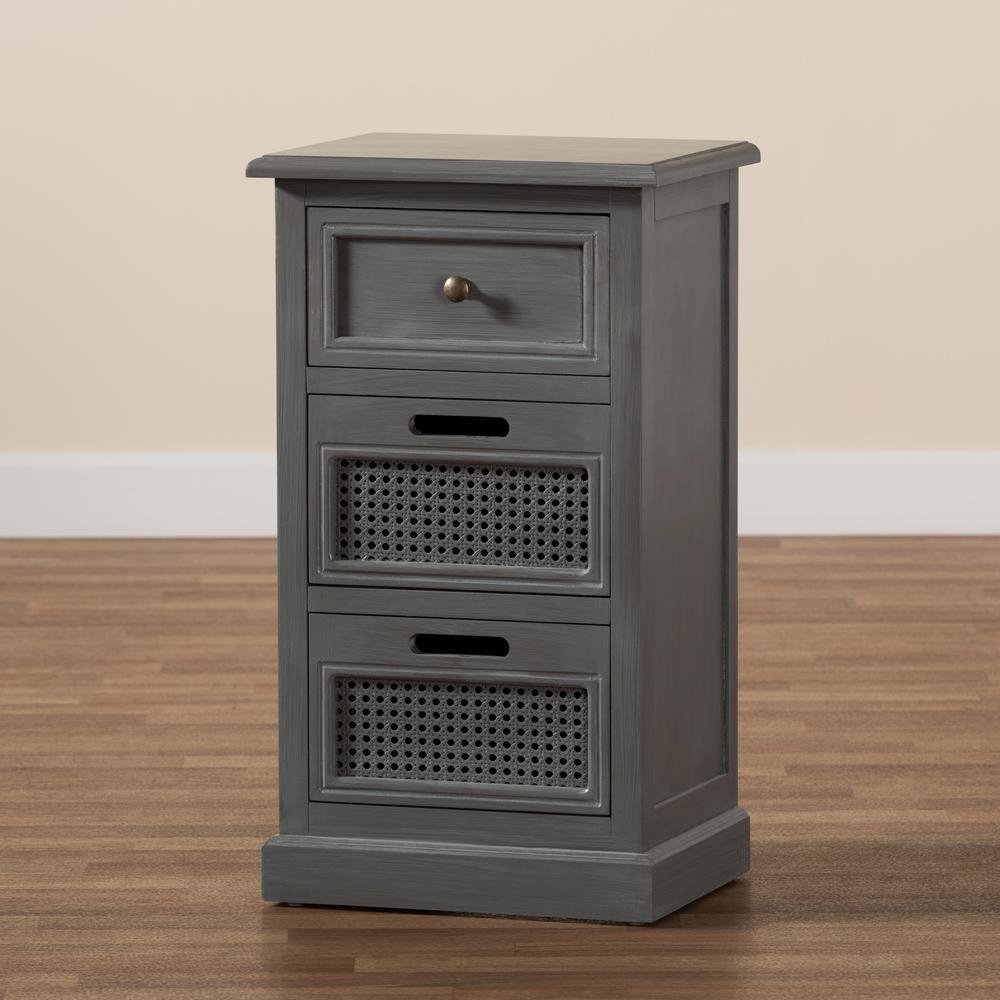 Vintage Grey Finished Wood and Synthetic Rattan 3-Drawer End Table