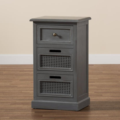Vintage Grey Finished Wood and Synthetic Rattan 3-Drawer End Table