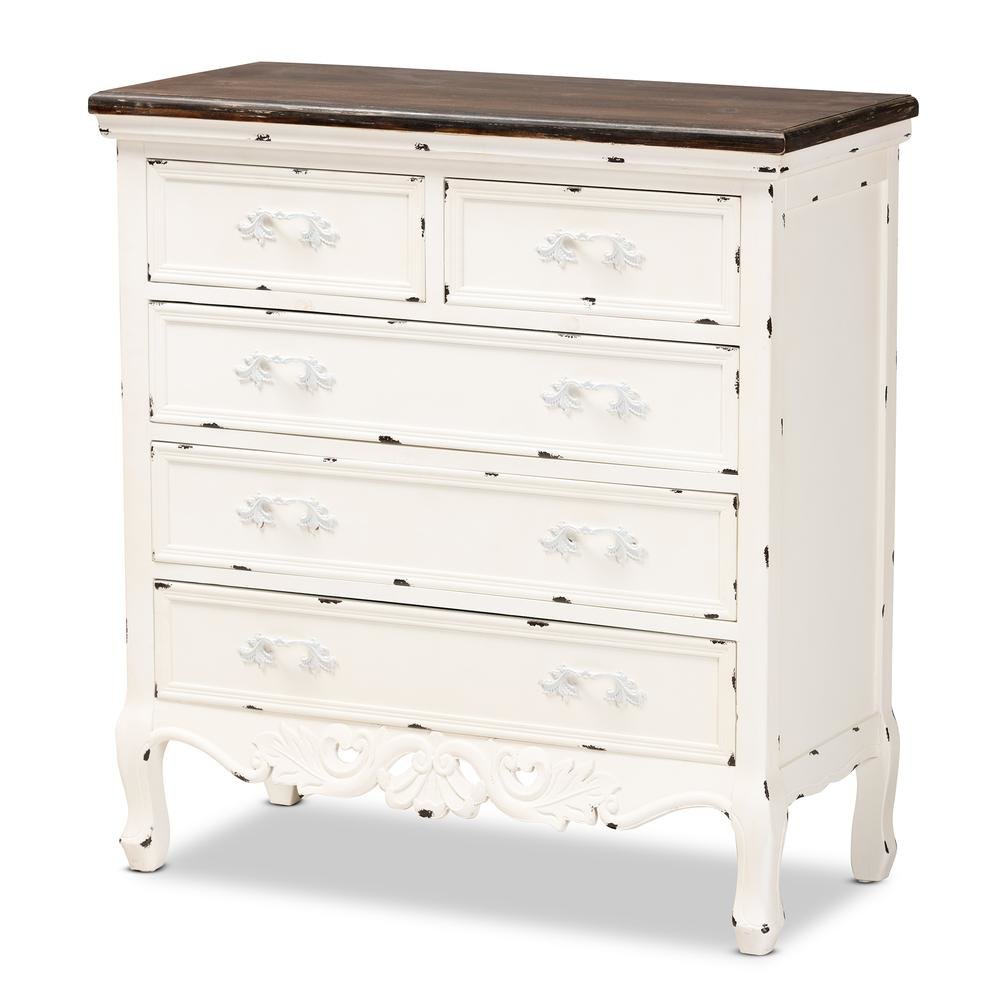 Antique White Finished Wood 5-Drawer Storage Cabinet