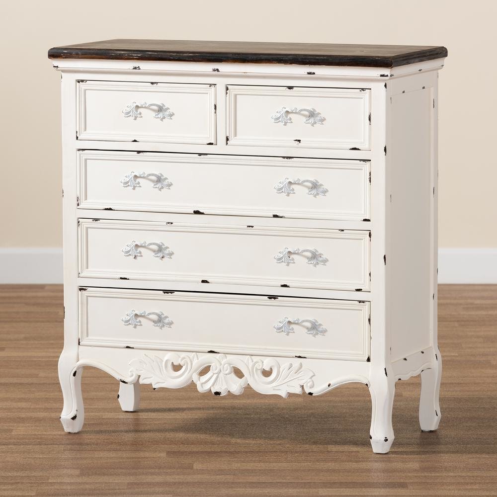 Antique White Finished Wood 5-Drawer Storage Cabinet