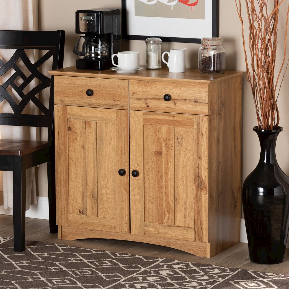 Oak Brown Finished Wood 2-Door Buffet Kitchen Cabinet