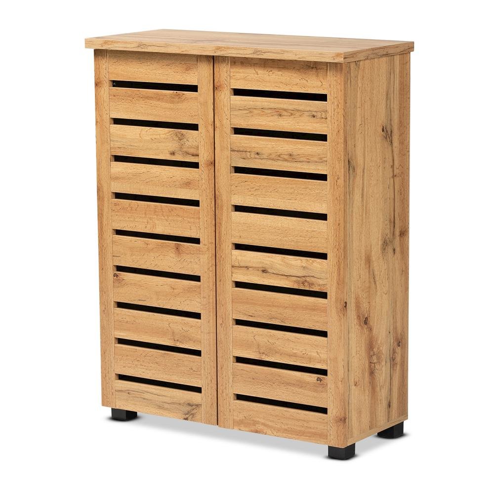 Oak Brown Finished Wood 2-Door Shoe Storage Cabinet