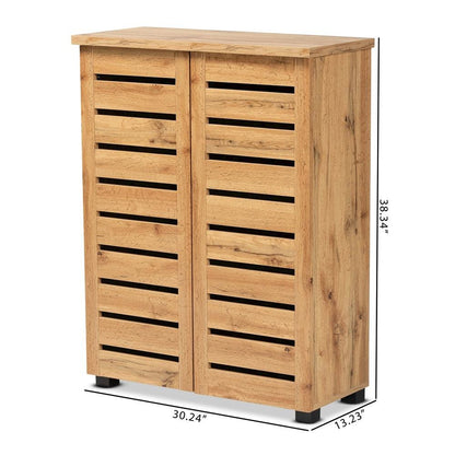 Oak Brown Finished Wood 2-Door Shoe Storage Cabinet