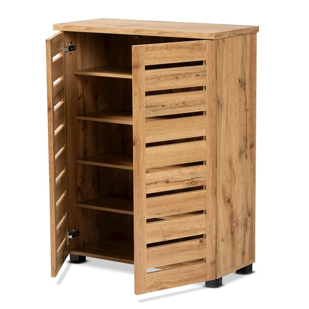 Oak Brown Finished Wood 2-Door Shoe Storage Cabinet