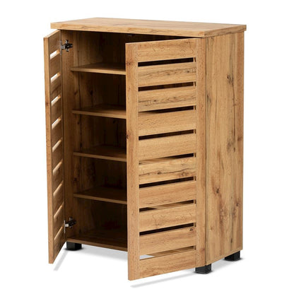 Oak Brown Finished Wood 2-Door Shoe Storage Cabinet