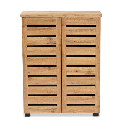 Oak Brown Finished Wood 2-Door Shoe Storage Cabinet
