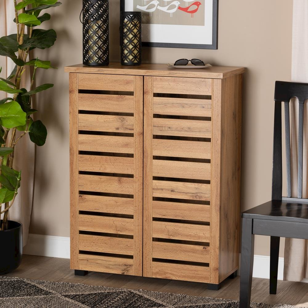 Oak Brown Finished Wood 2-Door Shoe Storage Cabinet