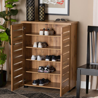 Oak Brown Finished Wood 2-Door Shoe Storage Cabinet
