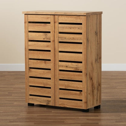 Oak Brown Finished Wood 2-Door Shoe Storage Cabinet