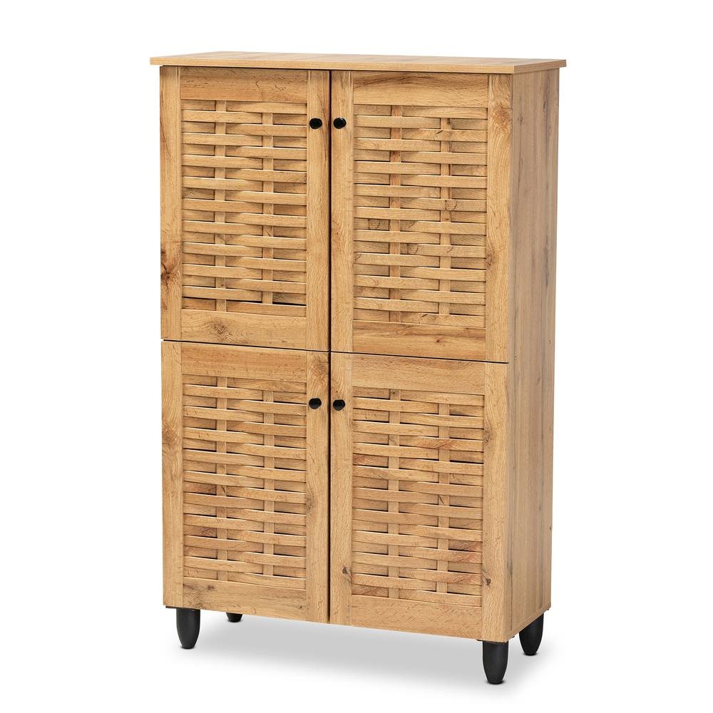 Oak Brown Finished Wood 4-Door Shoe Storage Cabinet