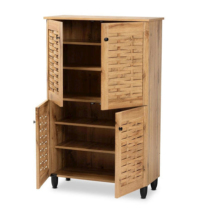 Oak Brown Finished Wood 4-Door Shoe Storage Cabinet